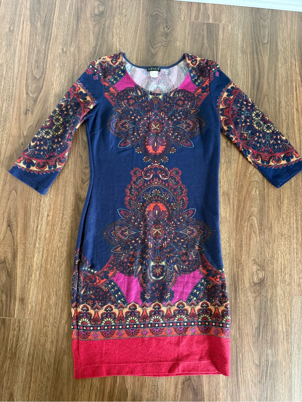 VENUS Navy Paisley Midi Dress with Pink & Red Accents